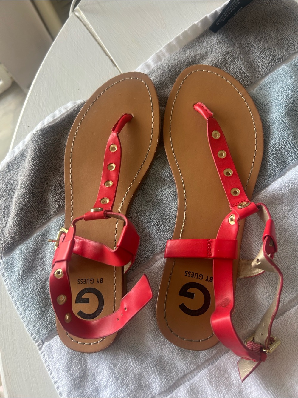 G by Guess Red T-Strap Sandals with Gold Accents
